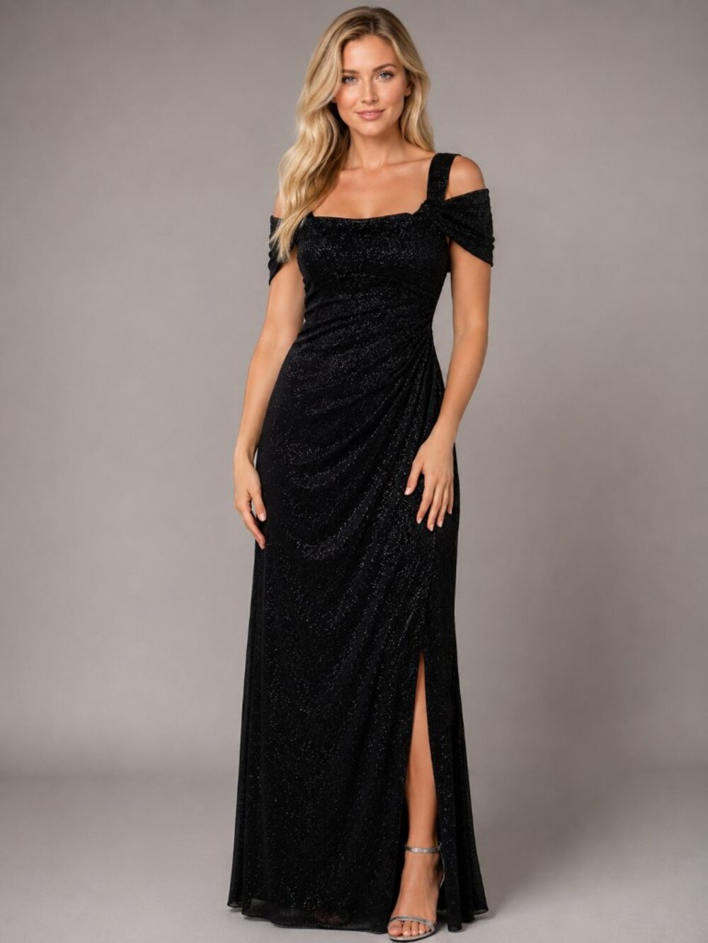 Alex Evenings Cold-Shoulder Draped Metallic Gown size 6